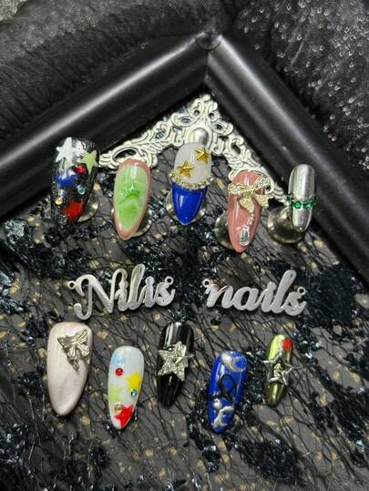 10pcs Almonds Nail Acrylic Kit, Black, Pink, Blue And Other Colors Of Nails, Blue French Nails, Silver Cat Eyes, Hand-Painted White, Green, Red And Other Colors Of Pentagram Patterns&Asymmetrical Black Lines And Geometric Patterns, 3D Metal Starfish&Metal Bow&Metal Butterfly&Hollow Pentagram Green Rhinestones And Other Nail Accessories