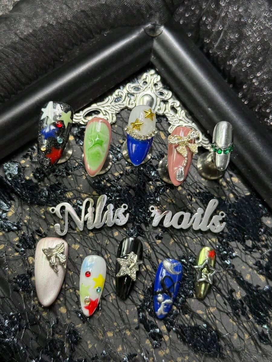 10pcs Almonds Nail Acrylic Kit, Black, Pink, Blue And Other Colors Of Nails, Blue French Nails, Silver Cat Eyes, Hand-Painted White, Green, Red And Other Colors Of Pentagram Patterns&Asymmetrical Black Lines And Geometric Patterns, 3D Metal Starfish&Metal Bow&Metal Butterfly&Hollow Pentagram Green Rhinestones And Other Nail Accessories