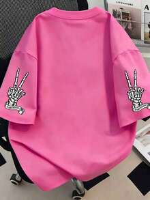 Camiseta de mujer de manga corta con estampado de calavera y flores, camiseta gráfica de estilo casual de primavera y verano - Rosa Fucsia - Ver 2