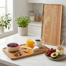 1pc Premium Solid Oak Wood Serving Tray, Minimalist Rectangular Wooden Decorative Tray For Coffee Table, Vanity Organizer, Aesthetic Breakfast & Charcuterie Board - 原木色 - 查看 7