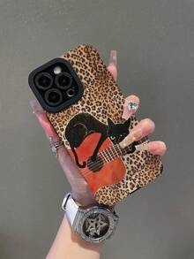 1pc Creative Minimalist Leopard Print Black Cat Guitar Pattern Phone Case, Suitable Compatible With Samsung/ 11, 12 Pro Max, 14 Pro Max, 15, 16/16 Pro, 17/17 Pro And Other Models - Multicolor - View 2