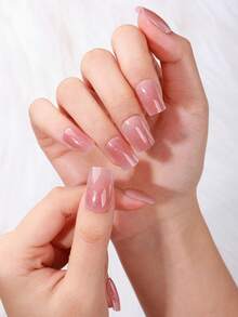 16片春夏粉色渐变半固化凝胶美甲贴，金色闪粉精致轻奢风格凝胶美甲贴纸，沙龙品质，需配合UV灯使用，女士约会、居家DIY美甲的完美之选 - 粉色 - 查看 3