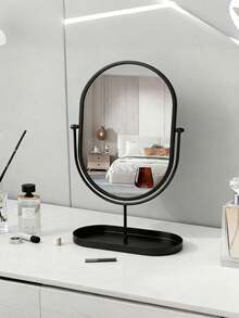 1 pezzo Specchio da tavolo di stile nordico elegante e di lusso, forma ovale o rotonda opzionale, cornice in metallo creativa, con vassoio portaoggetti nella parte inferiore, adatto per riporre rossetti, cosmetici, gioielli, profumi, pennelli trucco, prodotti per aromaterapia, ecc. - Multicolore - Visualizzare 6