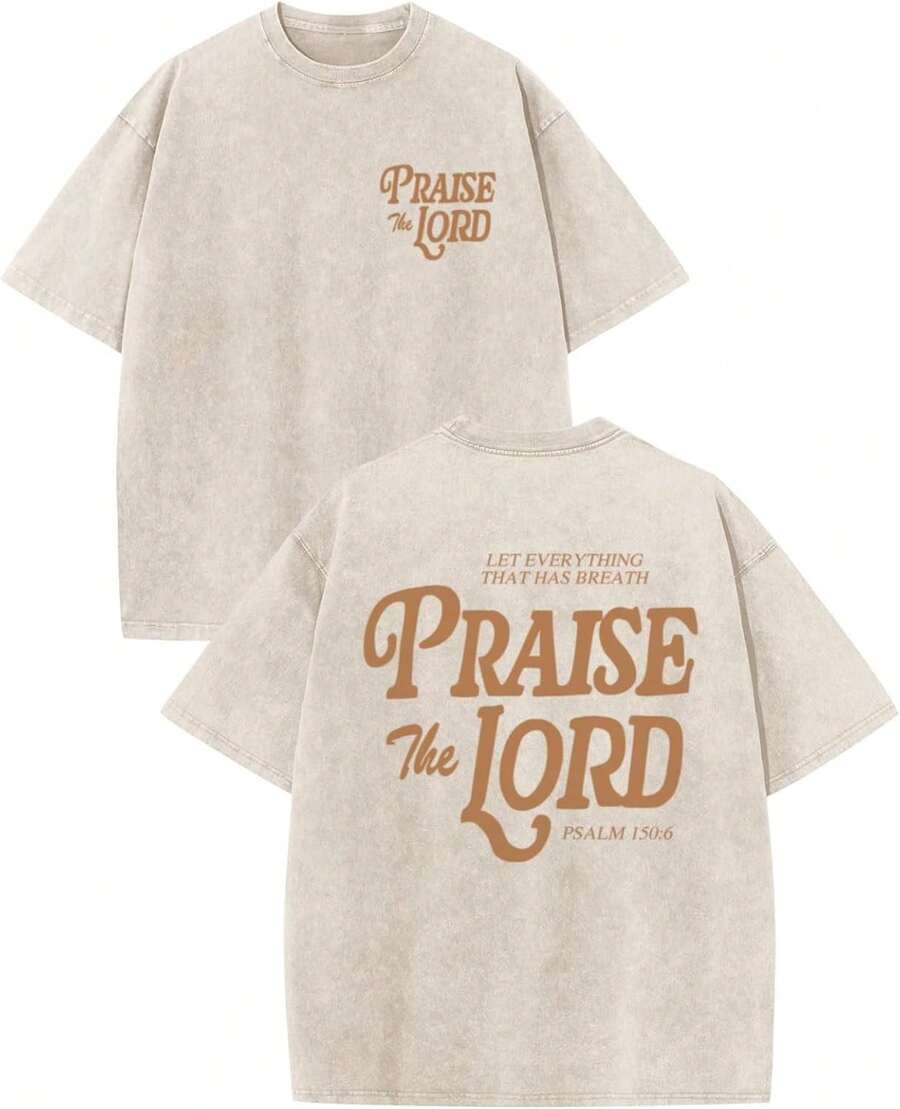 100% Cotton Christian Jesus Shirts For Men Religious Praise The Lord Bible Verse Shirt Oversized Graphic Tees Acid Wash Tshirt- Unisex Women's & Men - 杏色 - 查看 1