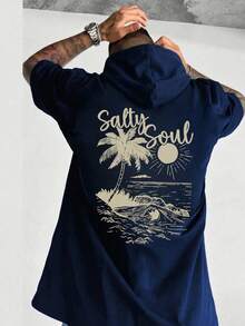 Salty Soul 夏威夷椰子树和岛屿印花连帽T恤，复古度假风，宽松轻薄夏季短袖连帽T恤 - 藏蓝色 - 查看 8