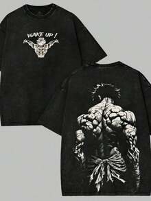 Retro Washed Graphic T-Shirt,100 % Cotton Super Value Hot  T-Shirt Retro-Style Limited Edition Heavyweight Anime Shirt Featuring Baki Vs. Kengan AshuraPrinted Washed ShirtT-Shirt - Double-Sided Print, Retro Wash, Heavyweight Design. Suitable As A Gift For Fans SD0081,Summer Outfits For Men Woman - 灰色 - 查看 12