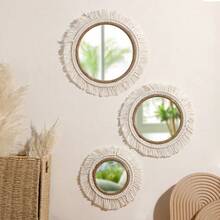 1件手工波西米亚风圆形亚克力壁镜，带流苏装饰，质朴自然的墙面装饰，适用于客厅、卧室、浴室、玄关、宿舍、办公室、春夏家居装饰、婚礼伴手礼、母亲节礼物 - 米色 - 查看 6