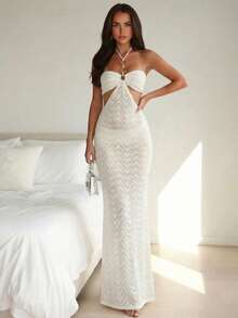 Women's Halter Neck Cutout Mermaid Maxi Dress - Elegant Knit Leaf Pattern Evening Gown For Beach Vacation & Formal Events,Holiday Outfits For Women - Apricot - View 5