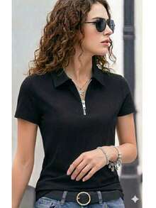 Women's Premium Polo Shirt With Zipper - Negro - Ver 4
