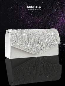 Noctella Shiny Rhinestone Ladies' Evening Bag, Stylish Solid-Colour Pleated Envelope Clutch, Paired With A Luxurious Sparkling Rhinestone Three Pieces Set, Necklace, Bracelet, And Earrings, Perfect With Evening Gowns, Party Dresses, Wedding Dresses, Sequin Dresses, Suitable For Dinners, Parties, Balls, And Graduation Ceremonies - Silver - View 10