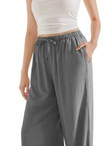 OMKAGI  Women's Linen Wide-Leg Pants With Pockets - Loose And Casual Long Pants For Home Wear Walking Around Vacation Beach Wear - 灰色 - 查看 11