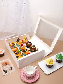 2个/4个/6个装大号纸质蛋糕盒，白色纸板材质，带透明窗口，可装12个纸杯蛋糕，大号蛋糕盒，适用于生日、婚礼、节日礼物、蛋糕包装 - 查看 3