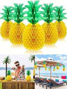5pcs Tropical Pineapple Honeycomb Decorations, Summer Beach Party Hanging Paper Decor, Hawaiian BBQ Gathering Tabletop Center Pieces, Vibrant Pineapple Party Supplies For Pool, BBQ, Birthday And Outdoor Events - A - View 3