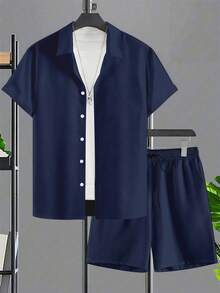 Plus Size Men's Shirt Set, Short Sleeve Shirt And Shorts 2-Piece, Solid Color Machine Washable - Navy Blue - View 5