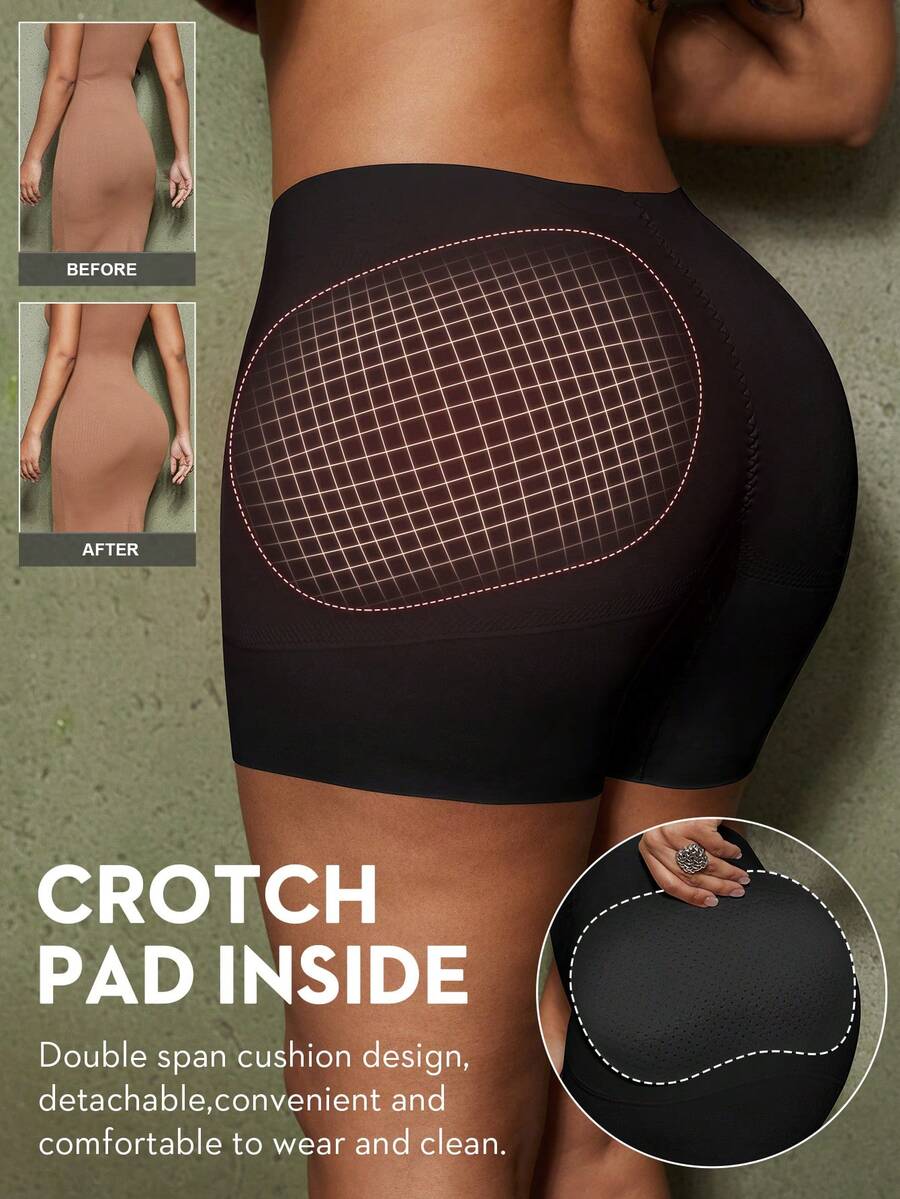 1pc Women Waist Trainer Shorts With Butt Pads, Seamless Shapewear Tummy Control Panty - Black - View 1