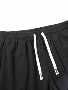 Men's Black Letter Print Short Sleeve Shorts Set, Streetwear Drawstring Casual 2-Piece Outfit, Comfortable Summer Sports Suit - Black - View 7