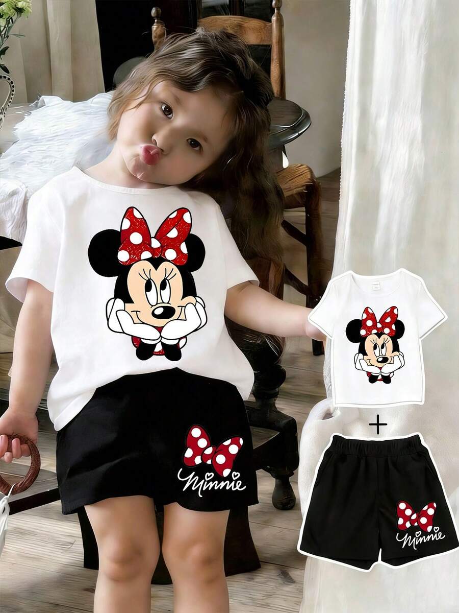 Disney Licensed - Minnie Mouse Bow Pattern: Casual & Simple Short-Sleeve Crewneck T-Shirt And Shorts Two-Piece Set. Perfect For Summer Wear - A Must-Have For Summer Outdoor Outings. - White - View 1