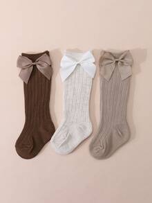 3 Pairs Baby Girls' Sweet Cute Bow Decor Ribbed Knee High Socks - Multicolor - View 10