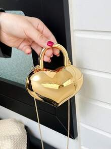 新款亚克力迷你手提包，时尚托特包，个性化心形手拿包，优雅晚宴包，配链条肩带 - 金色 - 查看 9