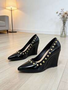 Tacones de cuña con remaches metálicos, tacones altos elegantes y puntiagudos para uso diario y fiestas - Negro - Ver 14