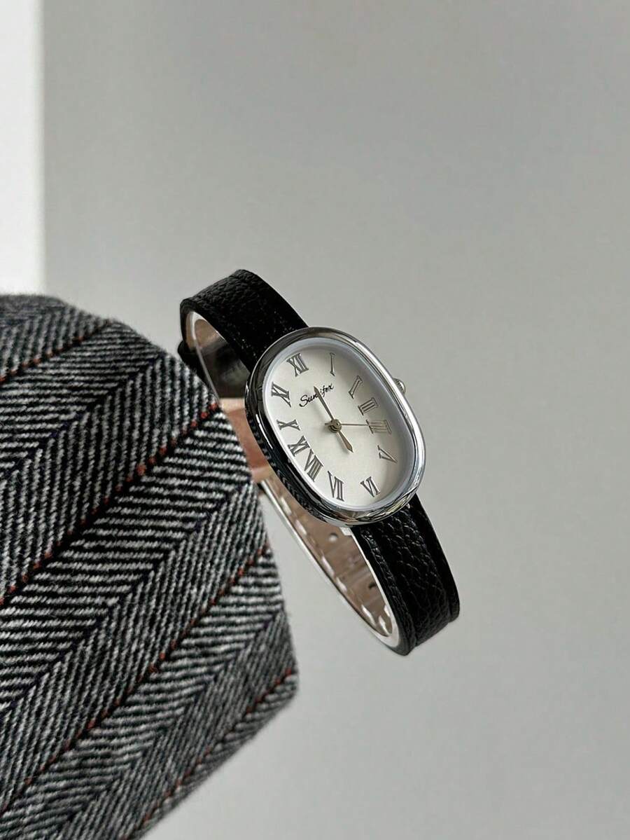 1 pieza Reloj de cuarzo para mujer de estilo retro con correa ajustable, forma elíptica y escala de números romanos, compacto y perfecto para uso diario - Negro - Ver 1
