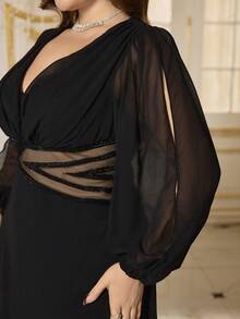 SUPGIR Deep V-Neck Long Sleeve Waist Hollow-Out Luxury Pearl Embroidery Patchwork Black Elegant Evening Gown - Black - View 5