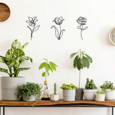 Metal Flowers Wall Art Set Of 3, Farmhouse Floral Home Decoration, Modern Line Art Flower Wall Decor For Living Room Bedroom Bathroom, Minimalist Botanical Wall Sculpture – Lily, Tulip, Rose