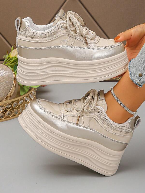 Women's Platform Sneakers, Solid Color Casual Sports Style With Lace-Up, Rhinestone Decor, Fashion Versatile Elevator Shoes, Chunky Sole