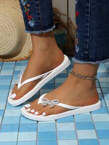 Women's Flat Flip Flops, Solid Color Vacation Crystal Bow Thong Sandals, Beach Slippers For Summer - White - View 4