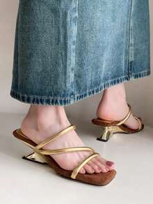 5cm New Colorblock Minimalist Wedge Thong Sandals, Women's Open Toe High Heels For Summer 2025 - Gold - View 3