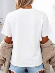 Disney-Style Women's Printed T-Shirt Featuring Cartoon Prints Of The 's Ariel And Mickey Mouse In Red Ink. This Round-Neck Summer Top Is Crafted From Soft, Comfortable 100% Cotton Fabric, Perfect For Everyday Wear, Outdoor Activities, Or Shopping. It Also Makes An Ideal Choice For Women's Vacation Wear. - White - View 2