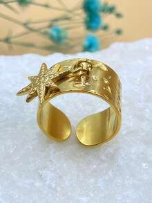 1pc Stainless Steel Adjustable Octagram Open Ring, Fashionable Unique Couple Rings - Gold - View 4