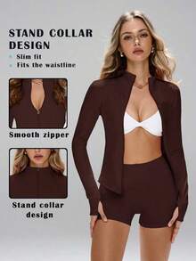 This Sporty Features A Minimalist And Fashionable Style, Combining Collegiate And Athletic Elements. With Long Sleeves And Thumb Holes, Comfortable Stretchy Fabric Is Suitable Dance/Pilates Workouts. Front Zip-Up Design With A Low Collar Allows You To Easily Transition From Street To Gym. With Shaping Seams, A, Full Coverage, Long Sleeves With Thumb Holes, Effective Cinched Waist, Bust Lifting Pleats, And 360-Degree Stretch, This Also Has An Anti-Slip Zipper Guard. Women's Fitted Zip-Up Pink - 布朗 2 - 查看 10