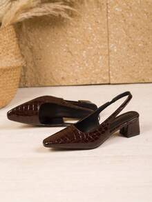 1 đôi sandal cao gót mũi nhọn đế dày, kiểu dáng thời trang tuổi teen, chất liệu giả da cá sấu, thích hợp cho tiệc tùng, dạ hội, đám cưới, đi làm thoải mái, màu nâu, kiểu dáng trang trọng. - màu nâu - Xem 7