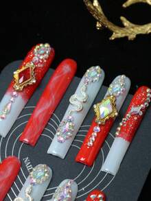 CrystalHola Handmade Coffin-Shaped Nails, Y2K Style Nails, Spring/Summer, Red & White Color With Rhinestones, Metallic Snakes, Ombre, French Tips, Pure Handmade Nails. Suitable For Women And Girls. 10 Pieces/Set, 3 Sizes. Fits Parties, Weddings, And Daily Wear. Includes Tools. Great Gift For Ladies' Nail Supplies. - Multicolor - View 3