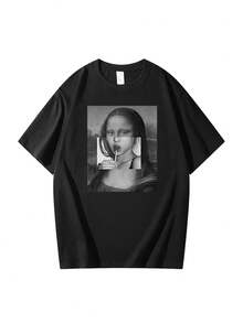 Camiseta Mona Lisa cuello redondo de manga corta mujer casual aumenta el tamaño - Negro - Ver 1
