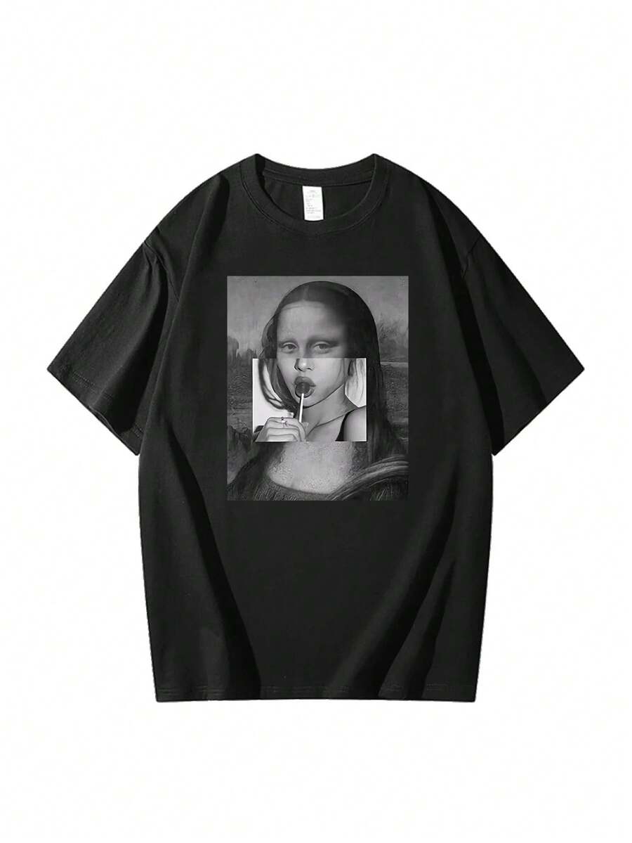 Camiseta Mona Lisa cuello redondo de manga corta mujer casual aumenta el tamaño - Negro - Ver 1