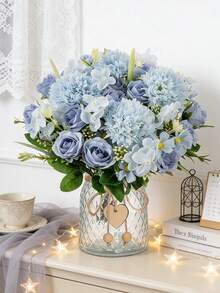 1 Buquê de Hortênsias Artificiais de Seda com Rosas Falsas para Casamento no Outono, Vaso para Decoração de Casa, Sala de Jantar, Quarto, Acessórios para Festas de Aniversário e Jardins Externos. - Baby Azul - Ver 8