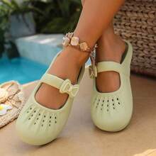 Mules con lazo lindo, sandalias casuales transpirables con diseño calado para mujer - Verde - Ver 3