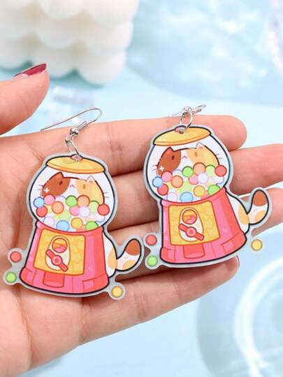 1对创意可爱活泼时尚猫咪糖果机亚克力吊坠耳环，适合女性日常、节日、派对礼物