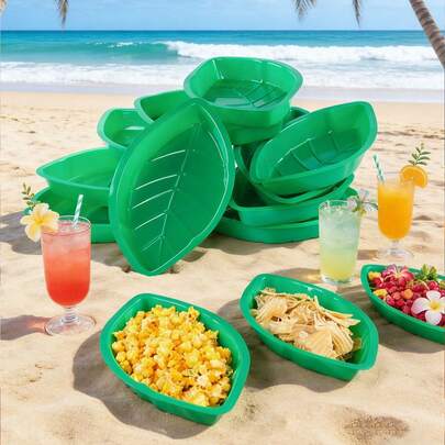 5pcs Reusable Palm Leaf Plates, Green Summer Island Jungle Party Snack Trays, Jungle Island Theme Party Plates, Green Leaf Theme Party And Birthday Tableware, Hawaiian Party Decor Plates, Kitchen Dinnerware, Jungle Buffet Plates, Hawaiian Party Supplies, Dinosaur Tabletop Centerpiece Decor, Hawaiian Decor, Birthday Party Decor Tableware