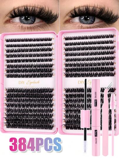 MEM DIY 384pcs D-Curl Eyelash Extension Kit, Includes Lash Clusters, Glue, Tweezers, Lash Brush For At-Home Eyelash Extension