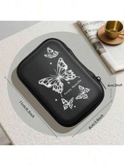 银色蝴蝶图案。办公旅行必备！EVA硬质边耳塞/耳机线/充电器收纳盒