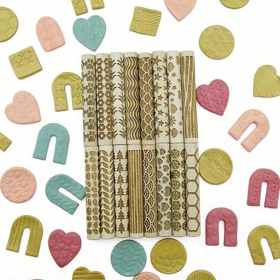 10厘米小型木制擀面杖，适用于聚合物粘土DIY首饰纹理制作，可压印花朵/叶子/心情太阳/心形/波浪/树皮/星星图案