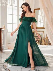 SUPGIR Heart-Shaped Neckline Sequin Pearl Ruffle Mesh Three-Layer Sleeve Waist Pleated Split Chiffon Formal Dress - Dark Green - View 4