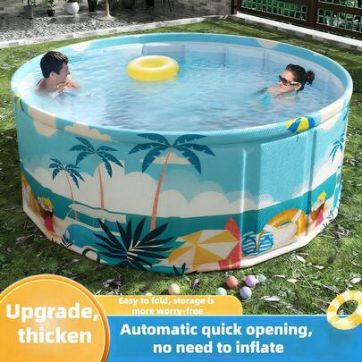 Tropical Style Round Swimming Pool - Made Of PVC, No Inflation Required, Foldable And Easy To Store, Ideal For Backyard Parties And Indoor Play, Blue Palm Tree Pattern, Leisure Pool, Summer Vibe Pool, Pool Floats