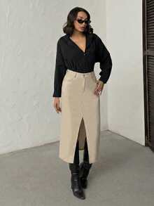 Gonna aderente elegante e alla moda con spacco alto e colore unito - Beige - Visualizzare 3