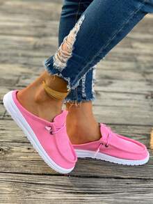 Solid Color Corduroy Flat Mule Slippers, Lace-Up Round Toe Low-Top Design, Sweet & Cool Style, Eye-Catching For Daily Wear, Suitable For All Seasons - Hot Pink - View 6
