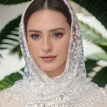 A Women's Floral Print Lace-Trimmed Scarf, Solid Color Shawl, Elegant Style Headscarf - 白色 白色 - 查看 13