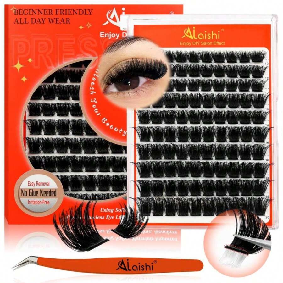 AILAISHI Self Adhesive Eyelashes, 200D Fluffy No Glue Needed Lashes, DIY Lash Cluster Eyelash Extensions Kit 10u201120mm,100pcs D Curl Soft Natural Lashes With Tweezersu2013Fake Cat Eye Individual Clusters - ColorA - 查看 1